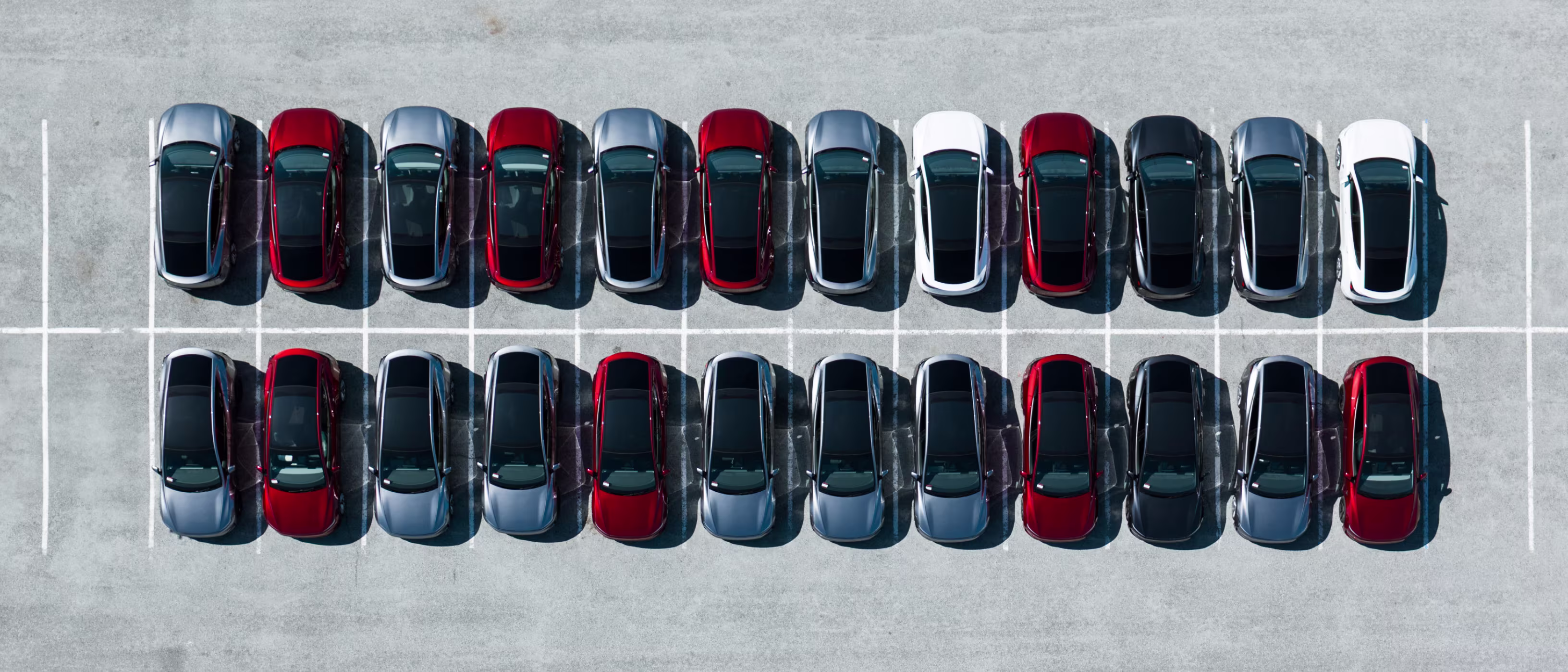 Otoparkta sıralanmış Tesla filosu